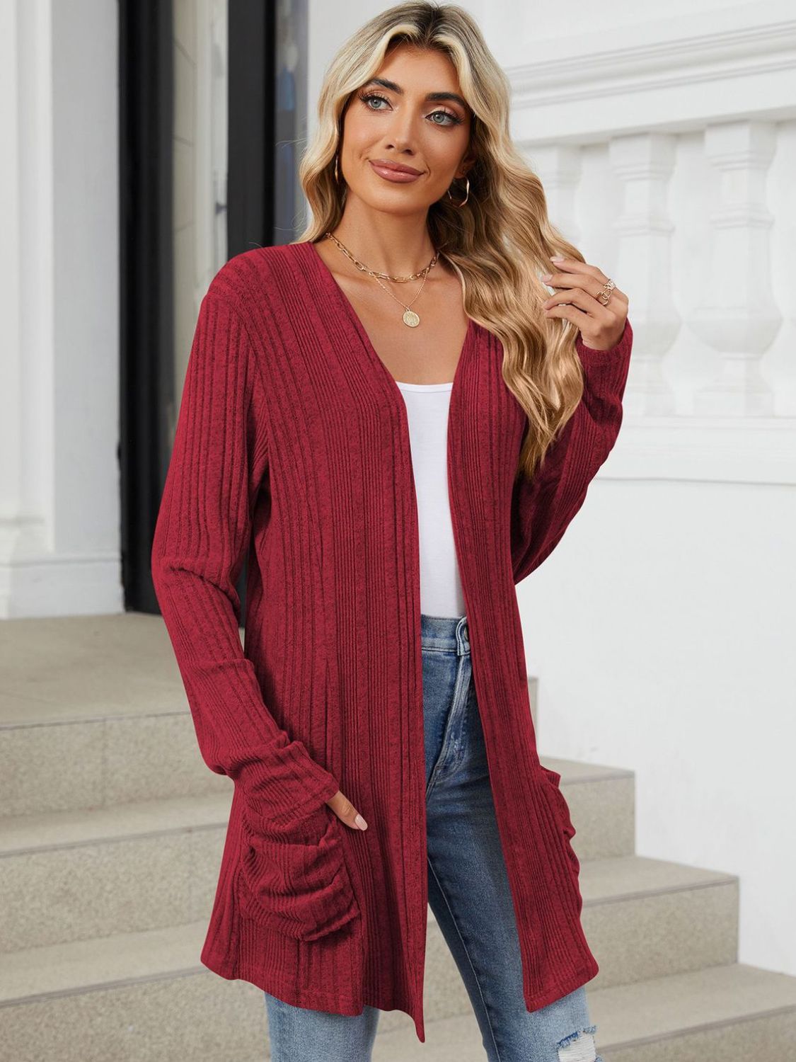 Pocketed Open Front Long Sleeve Cardigan Trendsi