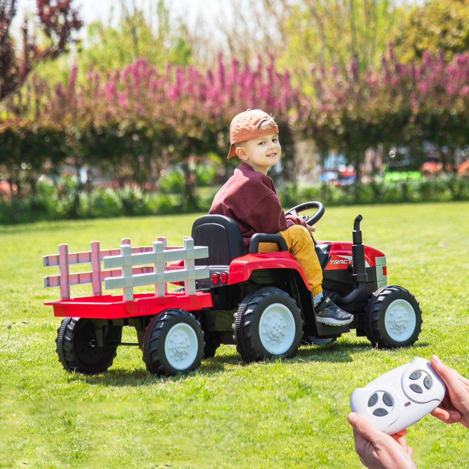 Red, 12V7AH Battery-Powered Toy Tractor with Trailer, Remote Control, Kids' Electric Excavator Vehicles with 2x35W Dual Motor, Treaded Tires, LED Lights, USB, Music, - Gifts for Boy, Girl 6cc08b-1a