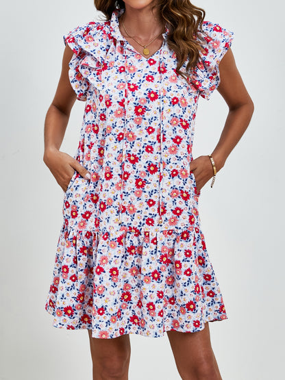 Tied Floral Cap Sleeve Mini Dress Trendsi