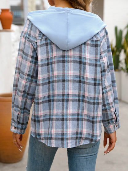 Plaid Long Sleeve Hooded Jacket Trendsi