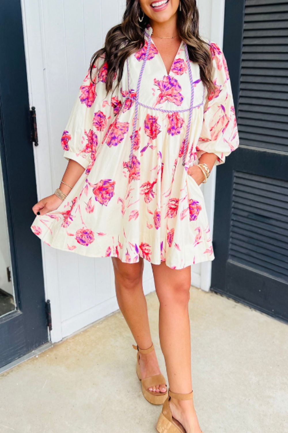 Tied Flower Printed Three-Quarter Sleeve Dress Trendsi