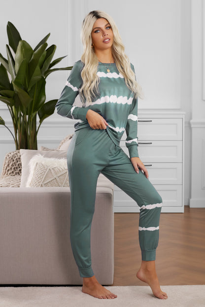 Army Green Tie-dye Stripes Pullover Top and Pants Lounge Set Lavender Pallas