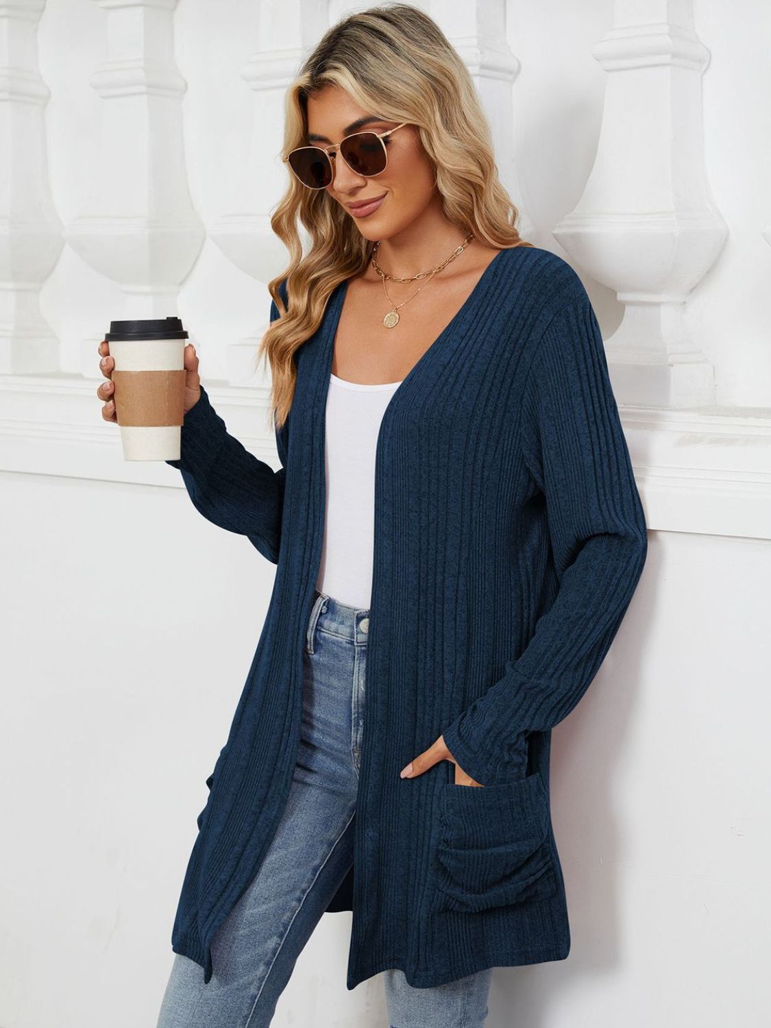 Pocketed Open Front Long Sleeve Cardigan Trendsi