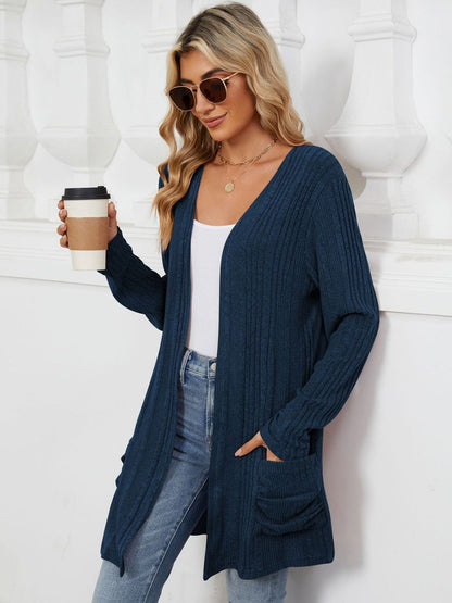 Pocketed Open Front Long Sleeve Cardigan Trendsi