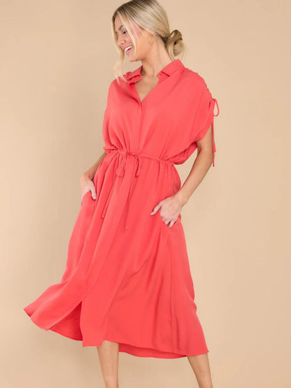 Drawstring Collared Neck Short Sleeve Midi Dress Trendsi