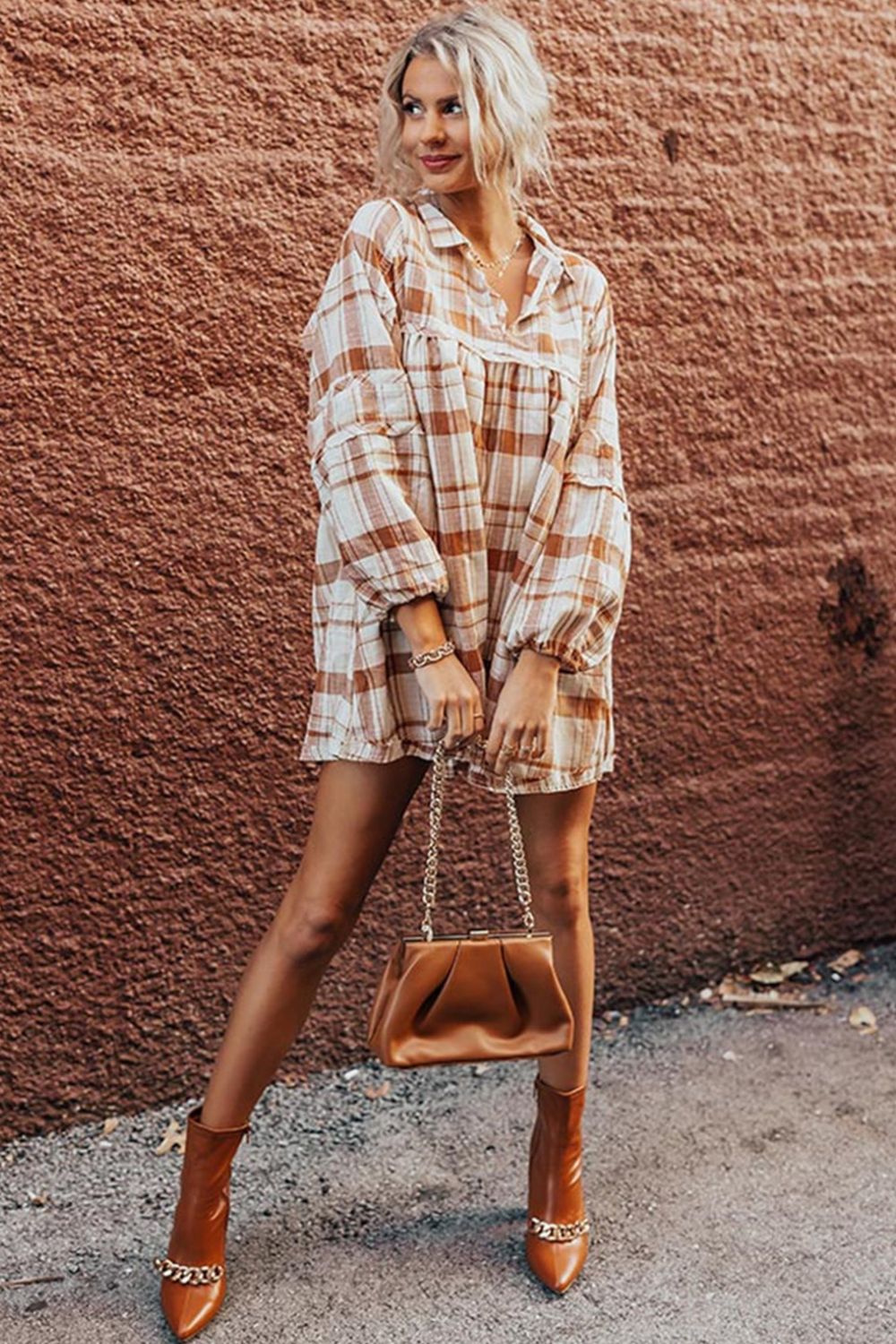 Plaid Collared Neck Long Sleeve Mini Shirt Dress Trendsi