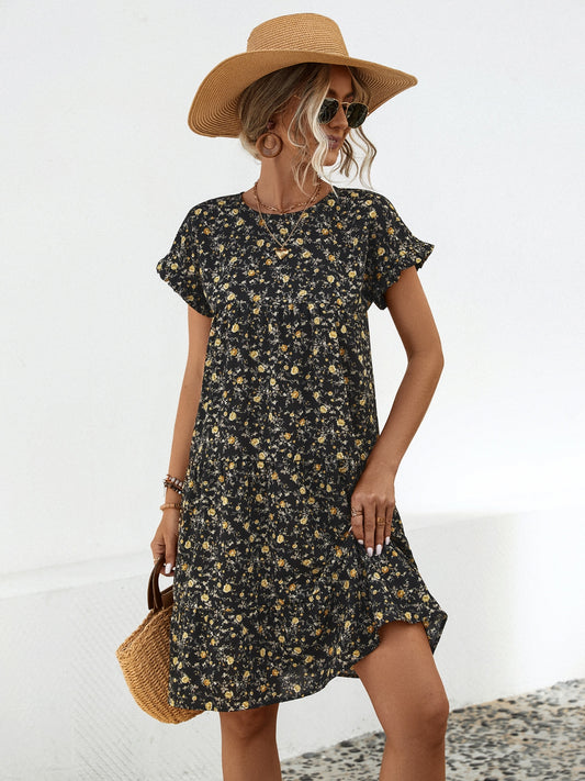 Frill Floral Round Neck Short Sleeve Tiered Dress Trendsi