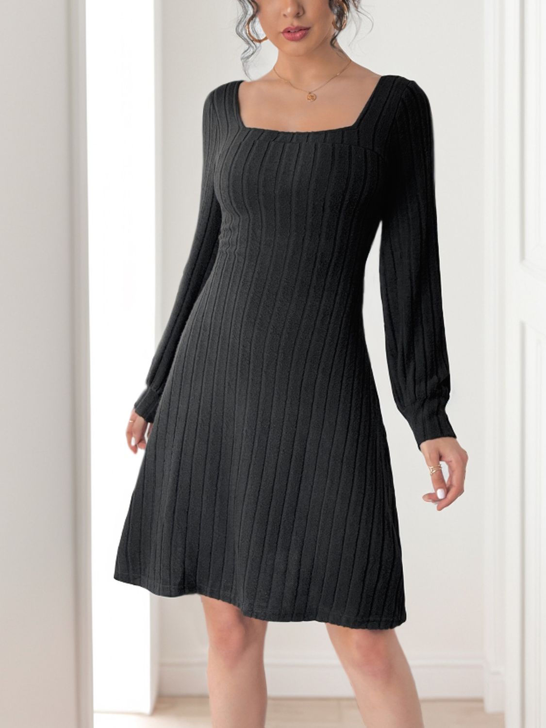 Perfee Butterfly Square Neck Long Sleeve Dress Trendsi