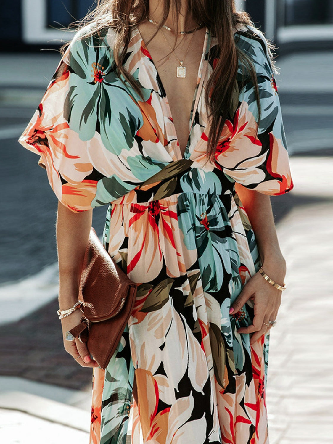 Floral Plunge Half Sleeve Dress Trendsi