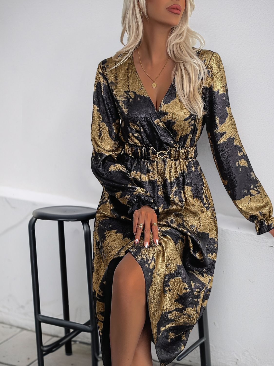 Perfee Printed Surplice Long Sleeve Midi Dress Trendsi