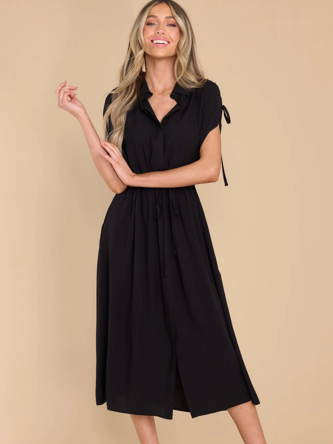 Drawstring Collared Neck Short Sleeve Midi Dress Trendsi