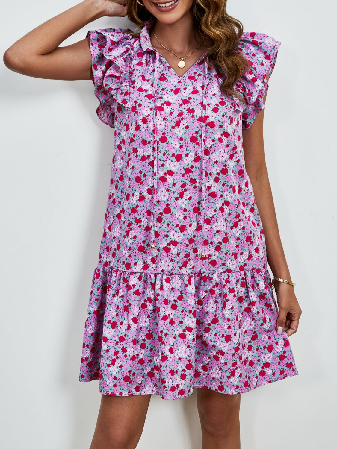 Tied Floral Cap Sleeve Mini Dress Trendsi