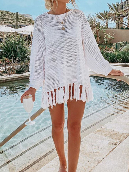 Angel Wings Openwork Tassel Hem Long Sleeve Knit Cover Up Trendsi