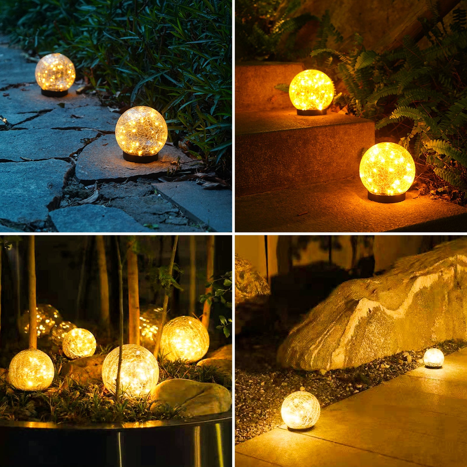 2Pcs Solar Lights Outdoor Garden Decor Cracked Glass Ball Warm Lights Pink Iolaus