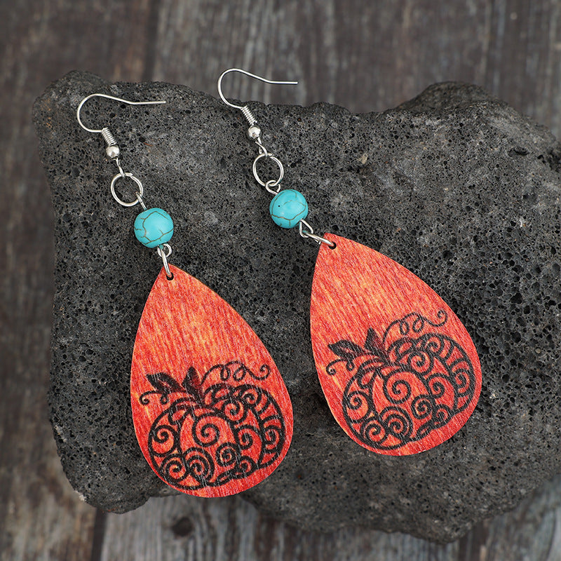 Handmade Turquoise Wooden Pumpkin Earrings - Alloy Wood Jewelry