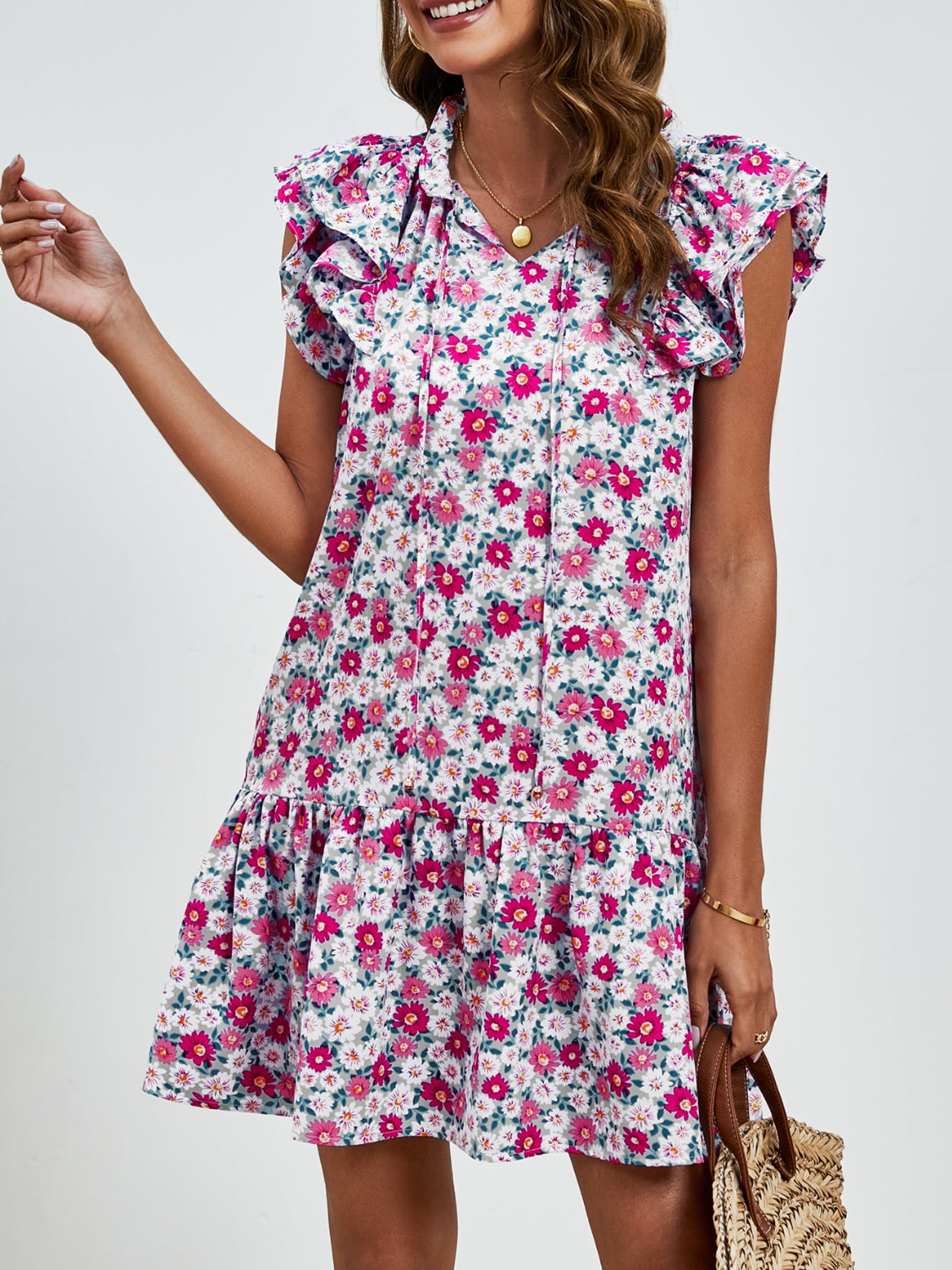 Tied Floral Cap Sleeve Mini Dress Trendsi