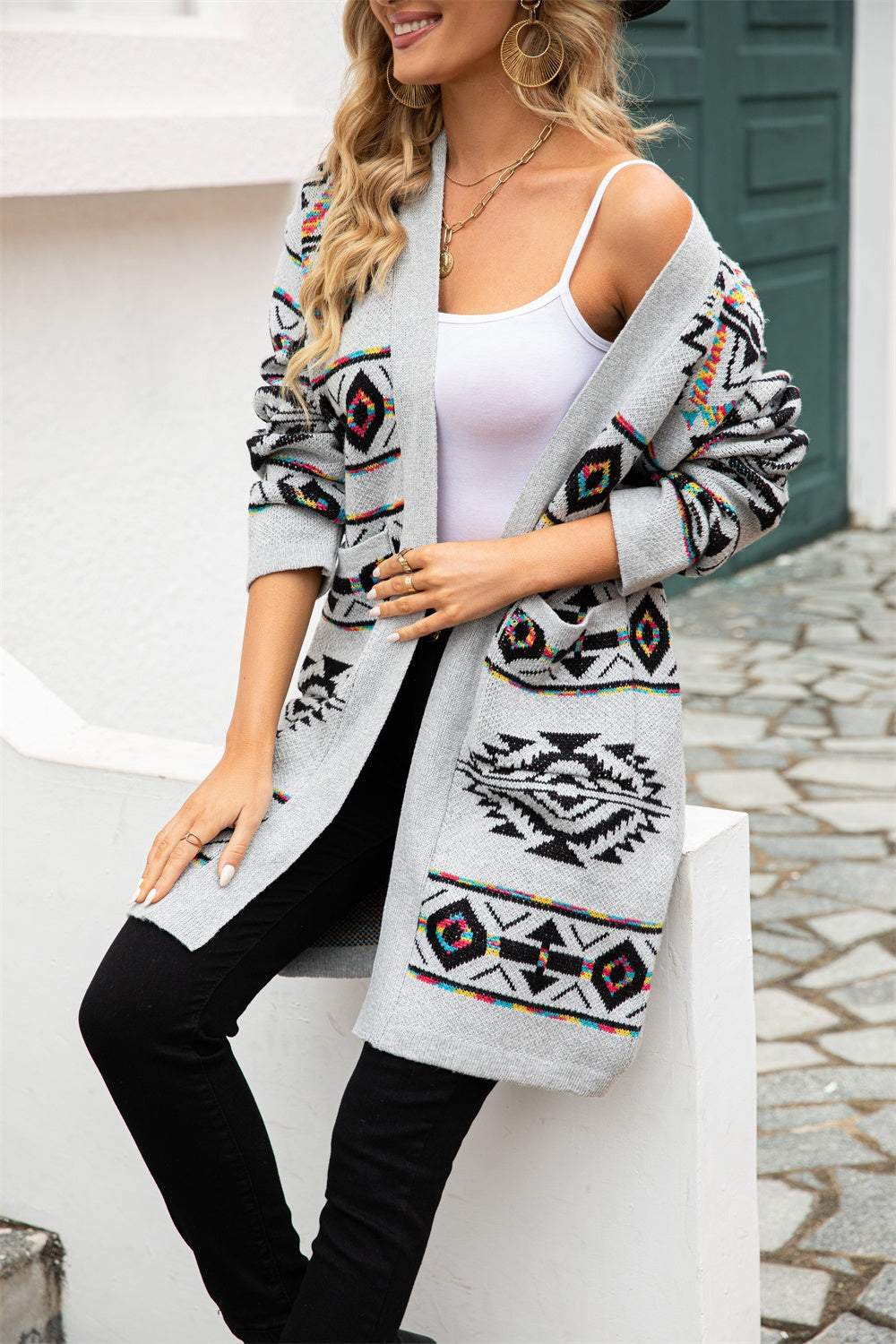 Angel Wings Pocketed Geometric Open Front Dropped Shoulder Cardigan Trendsi