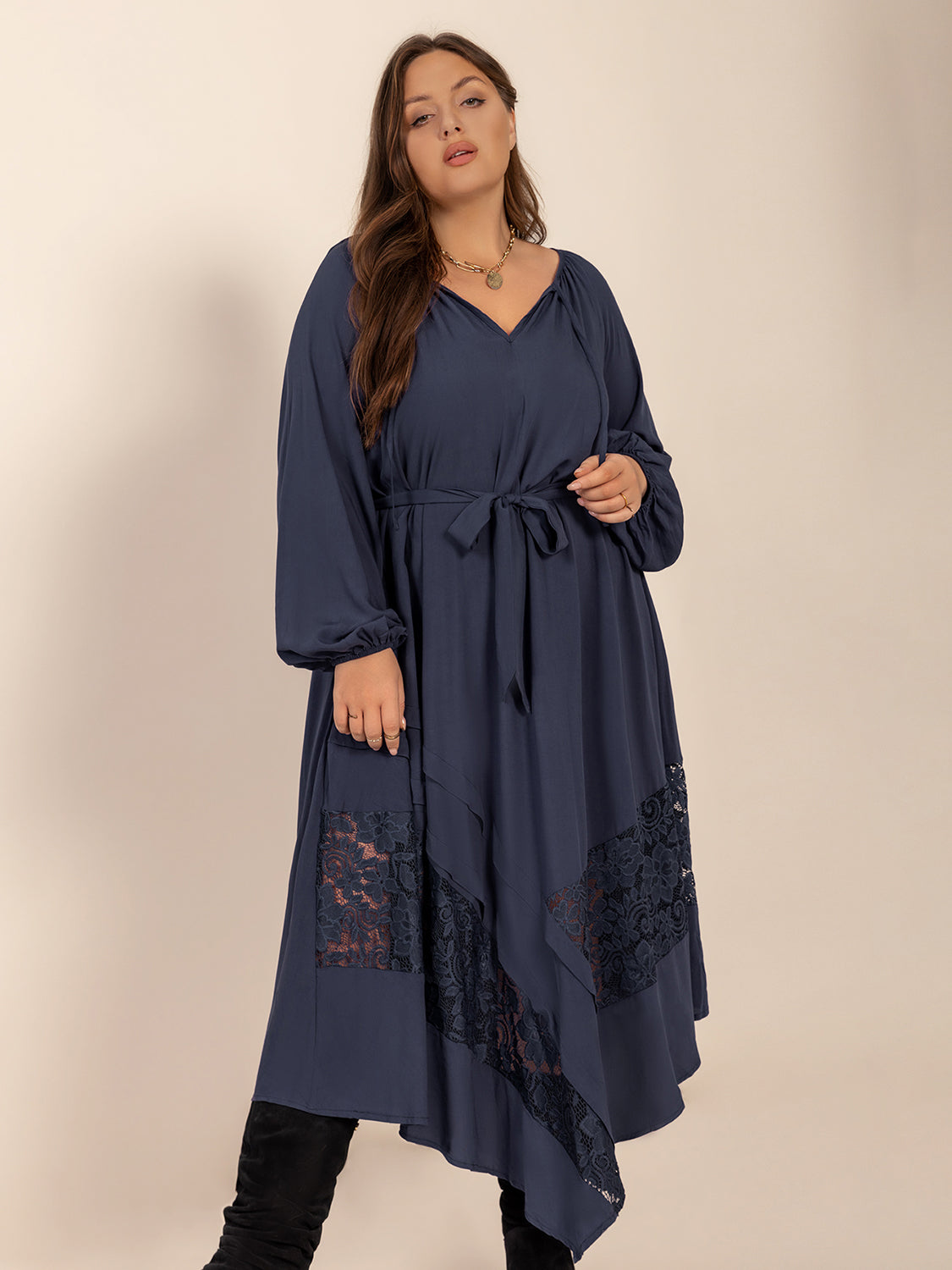 Plus Size Lace Detail Tie Neck Long Sleeve Midi Dress Trendsi