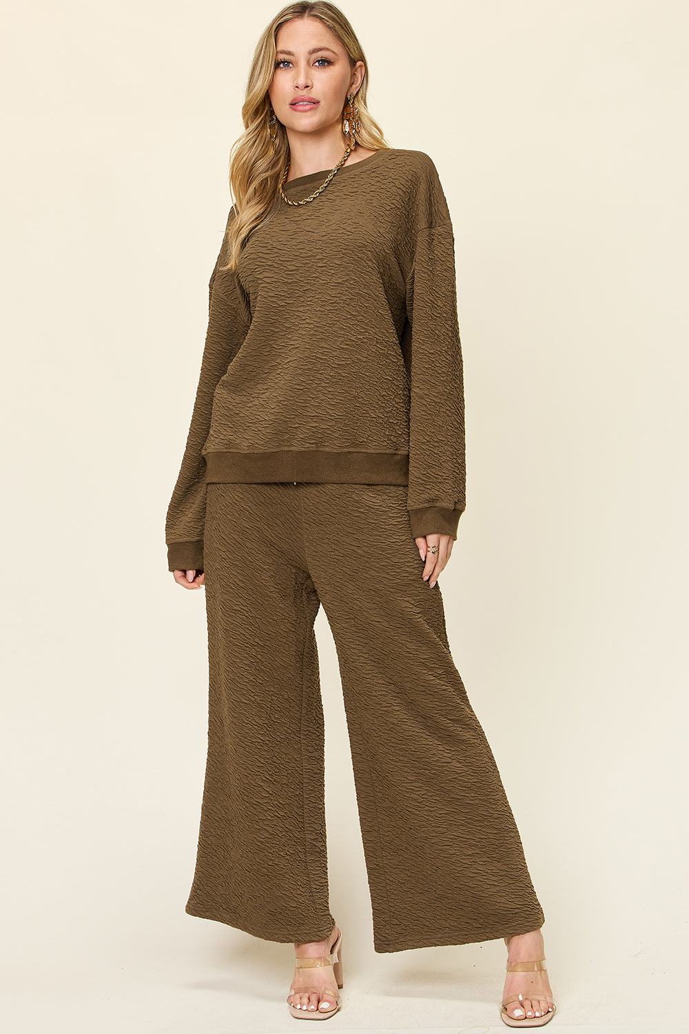 Double Take Full Size Texture Long Sleeve Top and Pants Set Trendsi