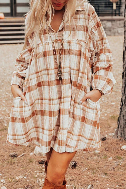 Plaid Collared Neck Long Sleeve Mini Shirt Dress Trendsi