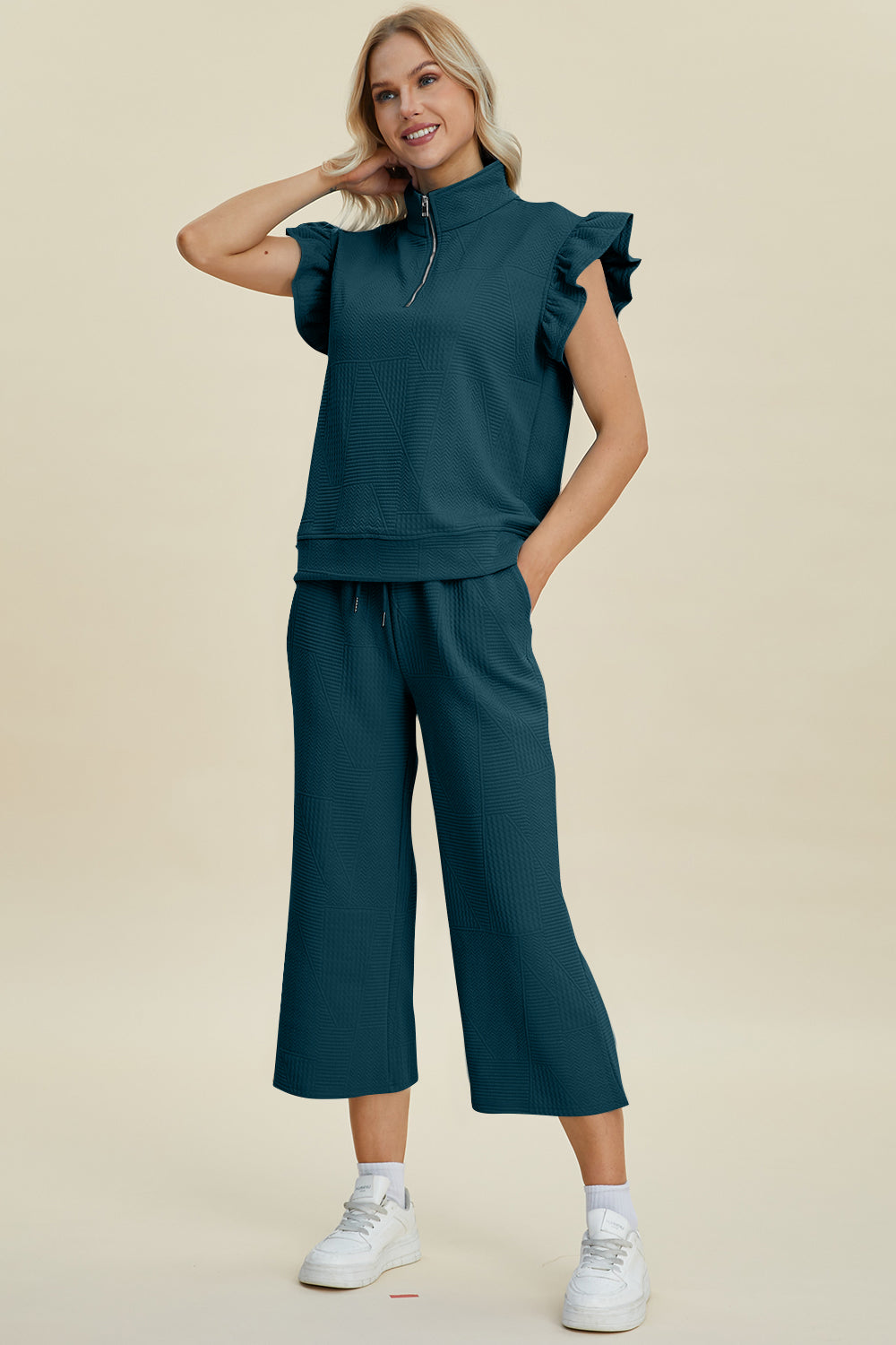 Double Take Full Size Texture Ruffle Short Sleeve Top and Wide Leg Pants Set Trendsi