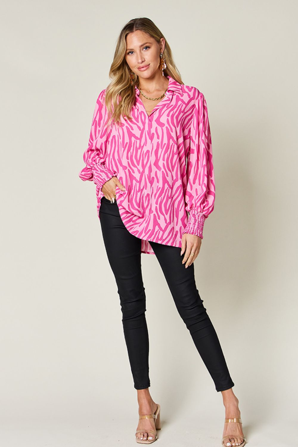 Double Take Full Size Printed Smocked Long Sleeve Blouse Trendsi