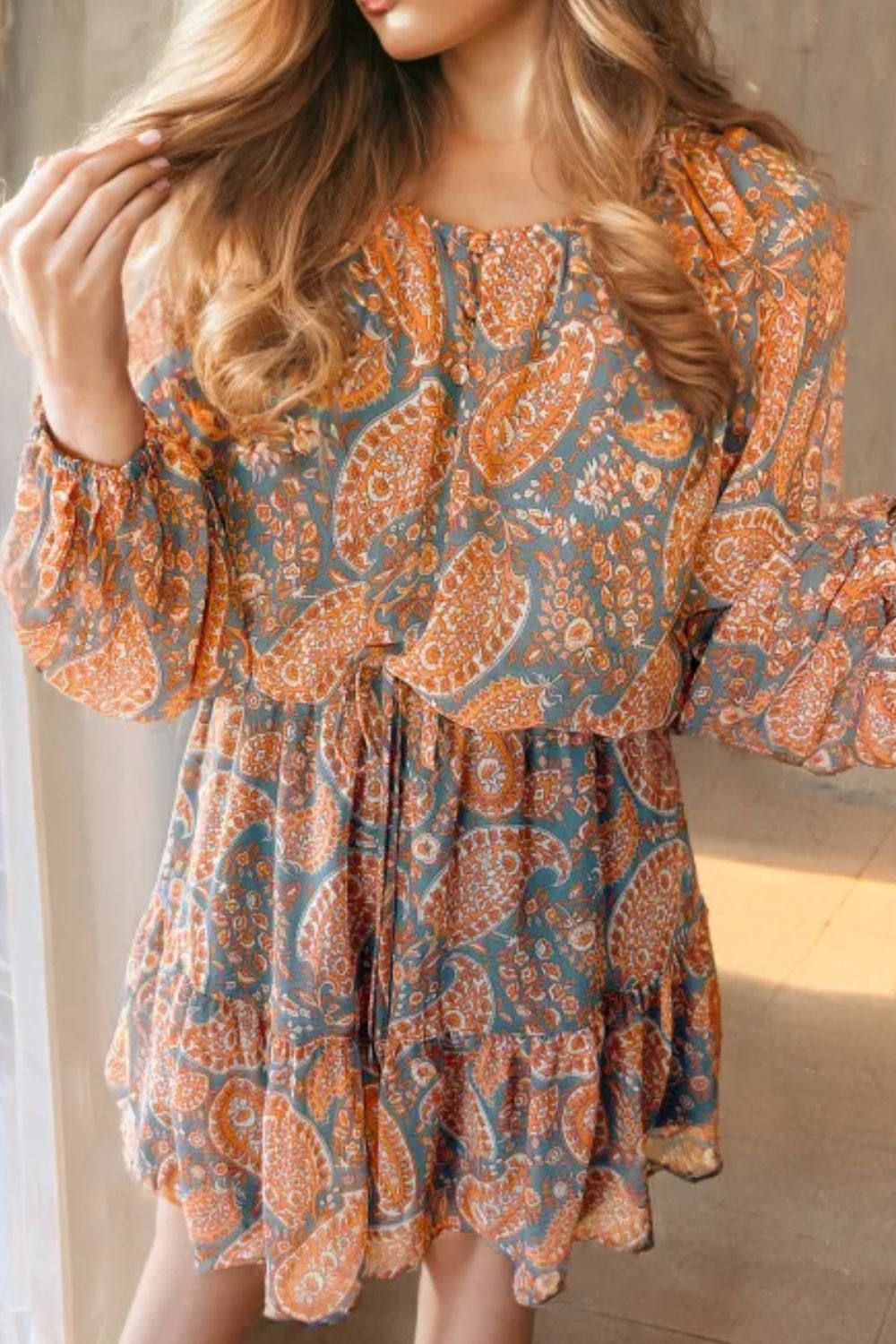 Ruffle Hem Printed Long Sleeve Dress Trendsi