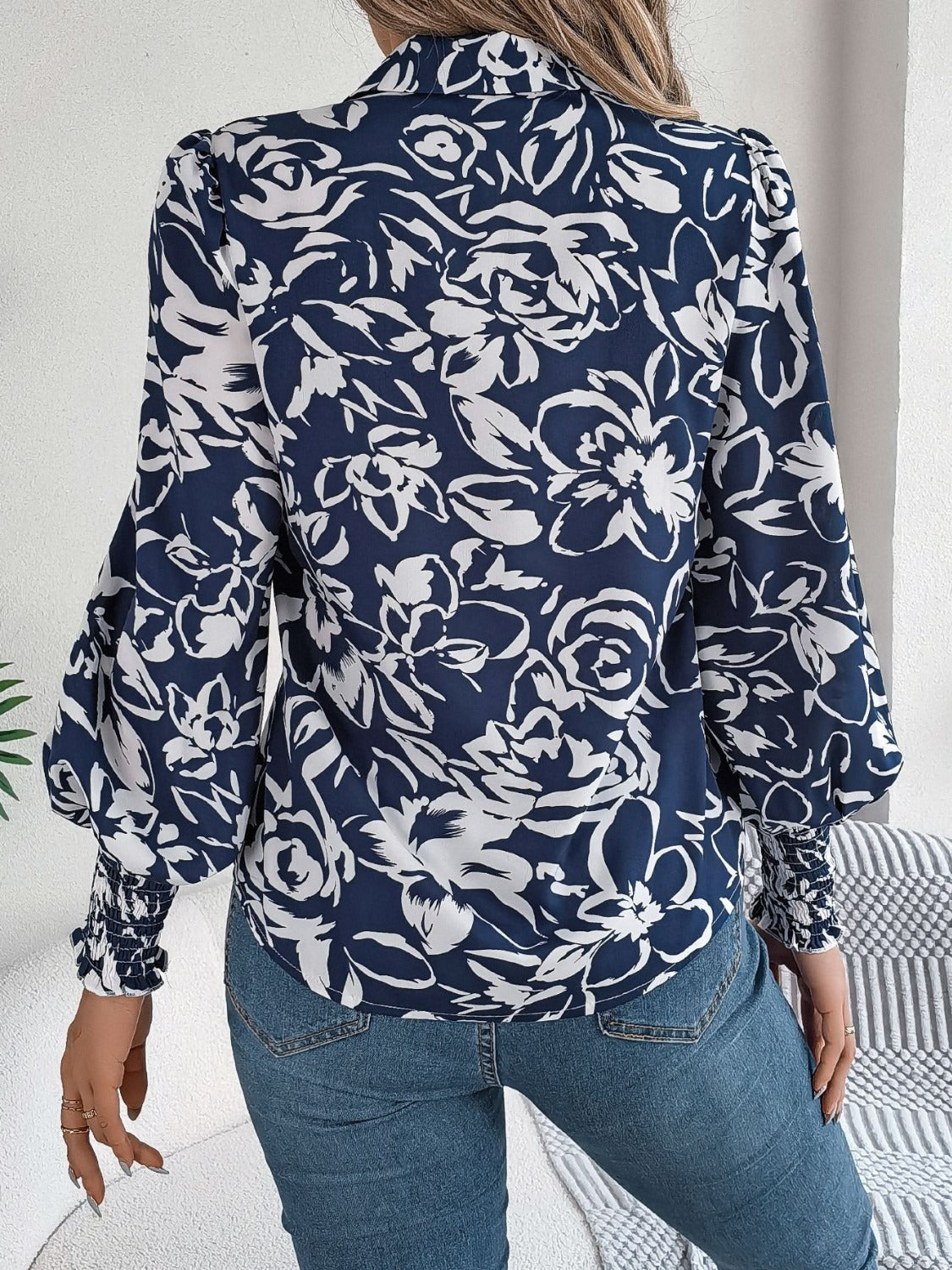 Printed Collared Neck Lantern Sleeve Shirt Trendsi