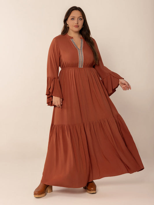 Plus Size Ruffled Notched Long Sleeve Midi Dress Trendsi