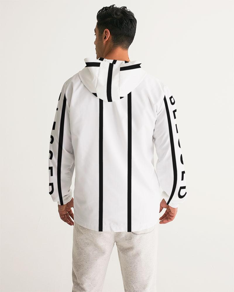 Mens Hooded Windbreaker - Blessed Sleeve Stripe White Water Resistant Grey Coco