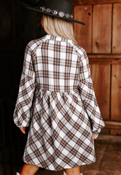 Full Size Plaid Collared Neck Balloon Sleeve Mini Shirt Dress Trendsi