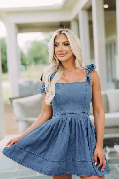 Square Neck Tie Shoulder Denim Dress Trendsi