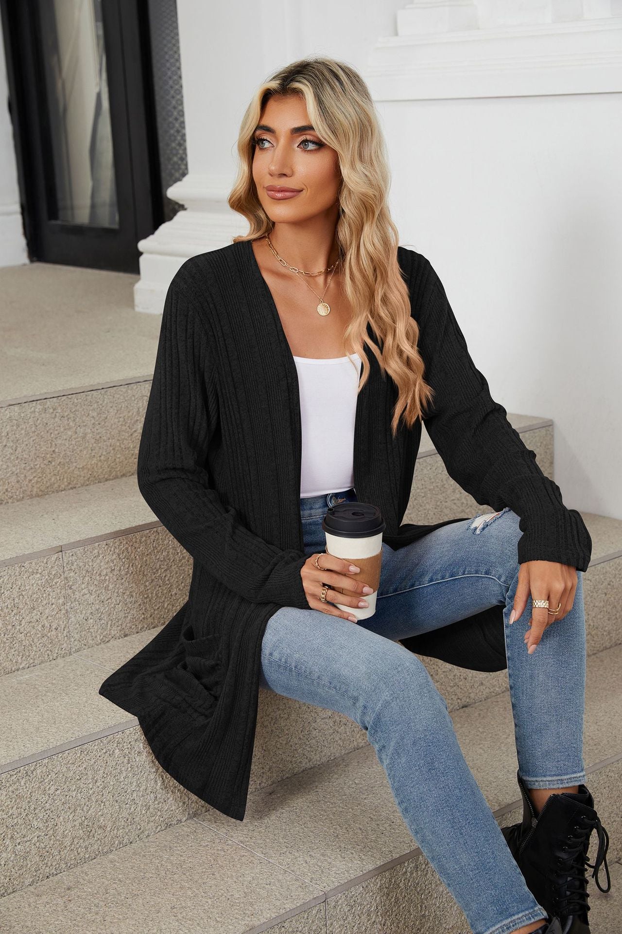 Pocketed Open Front Long Sleeve Cardigan Trendsi