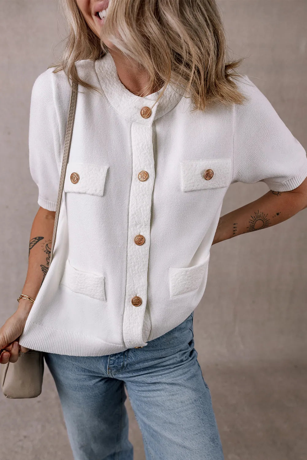 Button Up Round Neck Short Sleeve Knit Top Trendsi