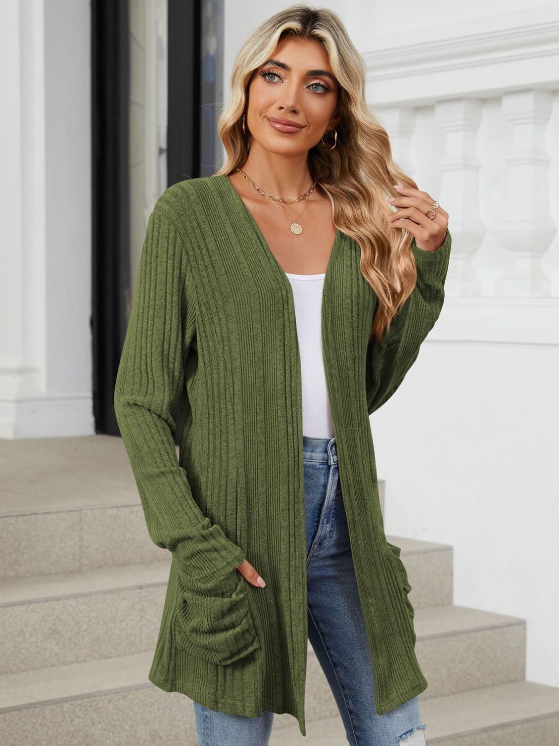 Pocketed Open Front Long Sleeve Cardigan Trendsi