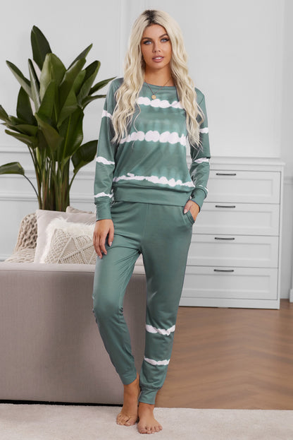 Army Green Tie-dye Stripes Pullover Top and Pants Lounge Set Lavender Pallas