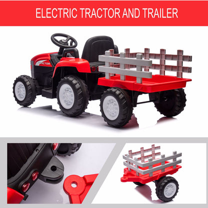 Red, 12V7AH Battery-Powered Toy Tractor with Trailer, Remote Control, Kids' Electric Excavator Vehicles with 2x35W Dual Motor, Treaded Tires, LED Lights, USB, Music, - Gifts for Boy, Girl 6cc08b-1a