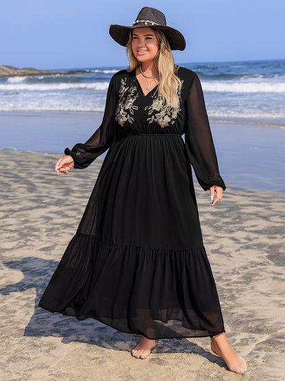 Plus Size Embroidered Tie Neck Long Sleeve Dress Trendsi