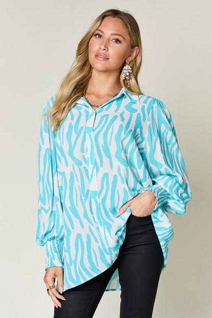 Double Take Full Size Printed Smocked Long Sleeve Blouse Trendsi