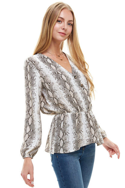 Snake V neck Button Front Peplum Long Sleeve Blouse Top Indigo Arrowwood