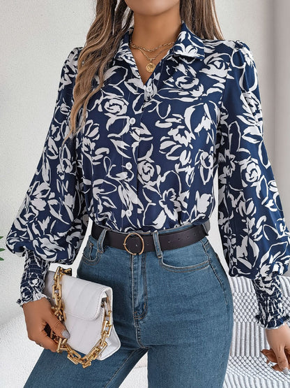 Printed Collared Neck Lantern Sleeve Shirt Trendsi