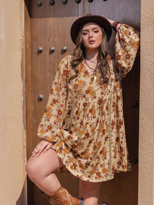 Plus Size Printed V-Neck Balloon Sleeve Mini Dress Trendsi