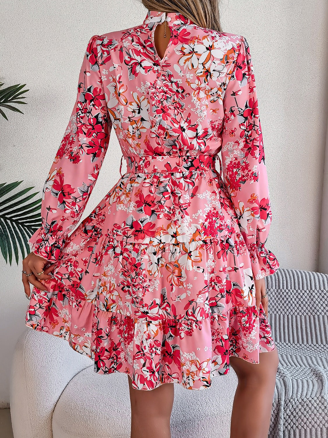 Printed Mock Neck Flounce Sleeve Mini Dress Trendsi