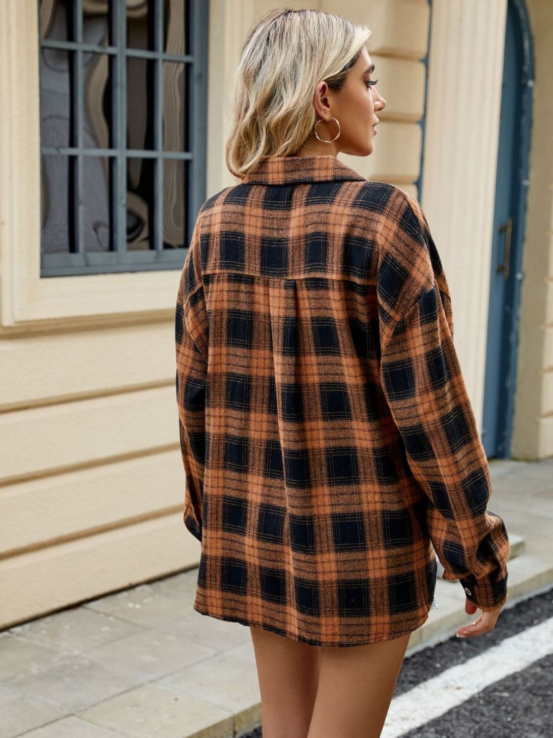 Plaid Collared Neck Long Sleeve Shirt Trendsi