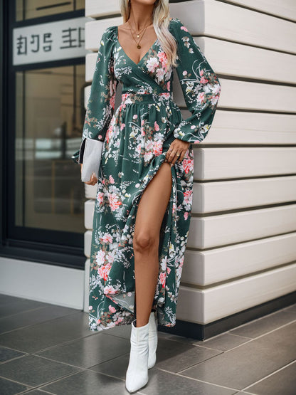 Perfee Slit Printed Surplice Long Sleeve Maxi Dress Trendsi