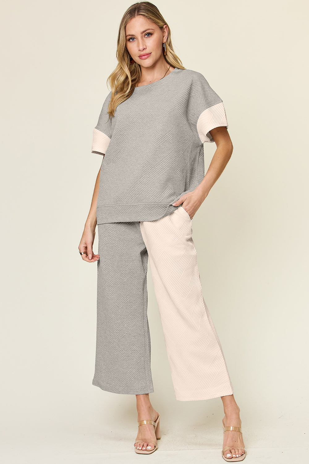 Double Take Full Size Texture Contrast T-Shirt and Wide Leg Pants Set Trendsi