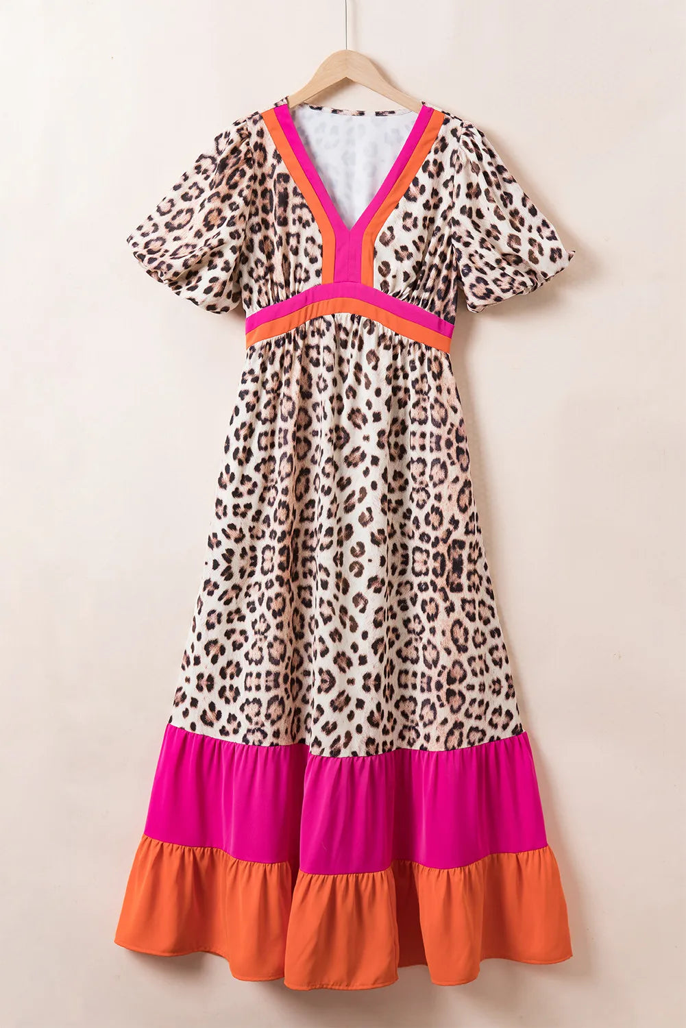 Full Size Leopard V-Neck Half Sleeve Maxi Dress Trendsi