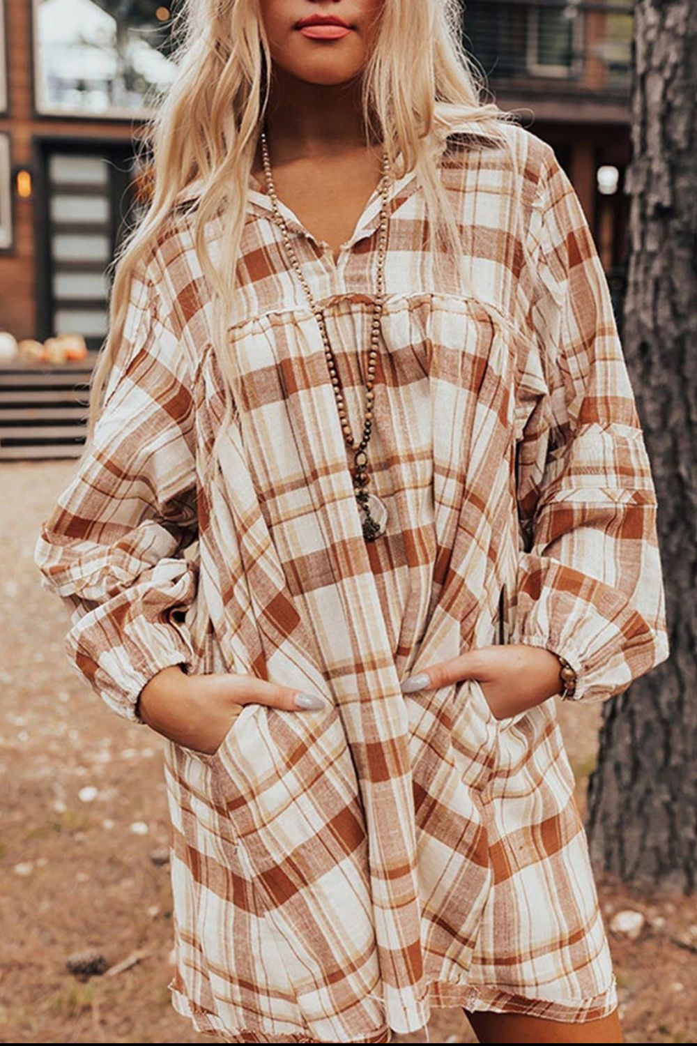 Plaid Collared Neck Long Sleeve Mini Shirt Dress Trendsi