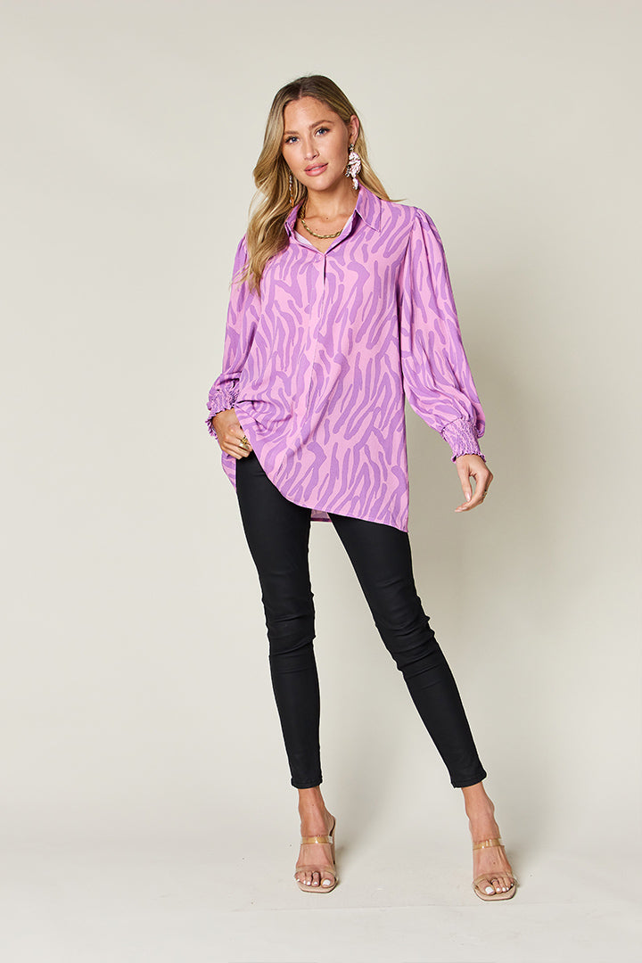 Double Take Full Size Printed Smocked Long Sleeve Blouse Trendsi