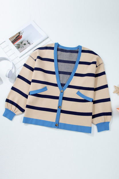 Striped Button Up Long Sleeve Cardigan Trendsi